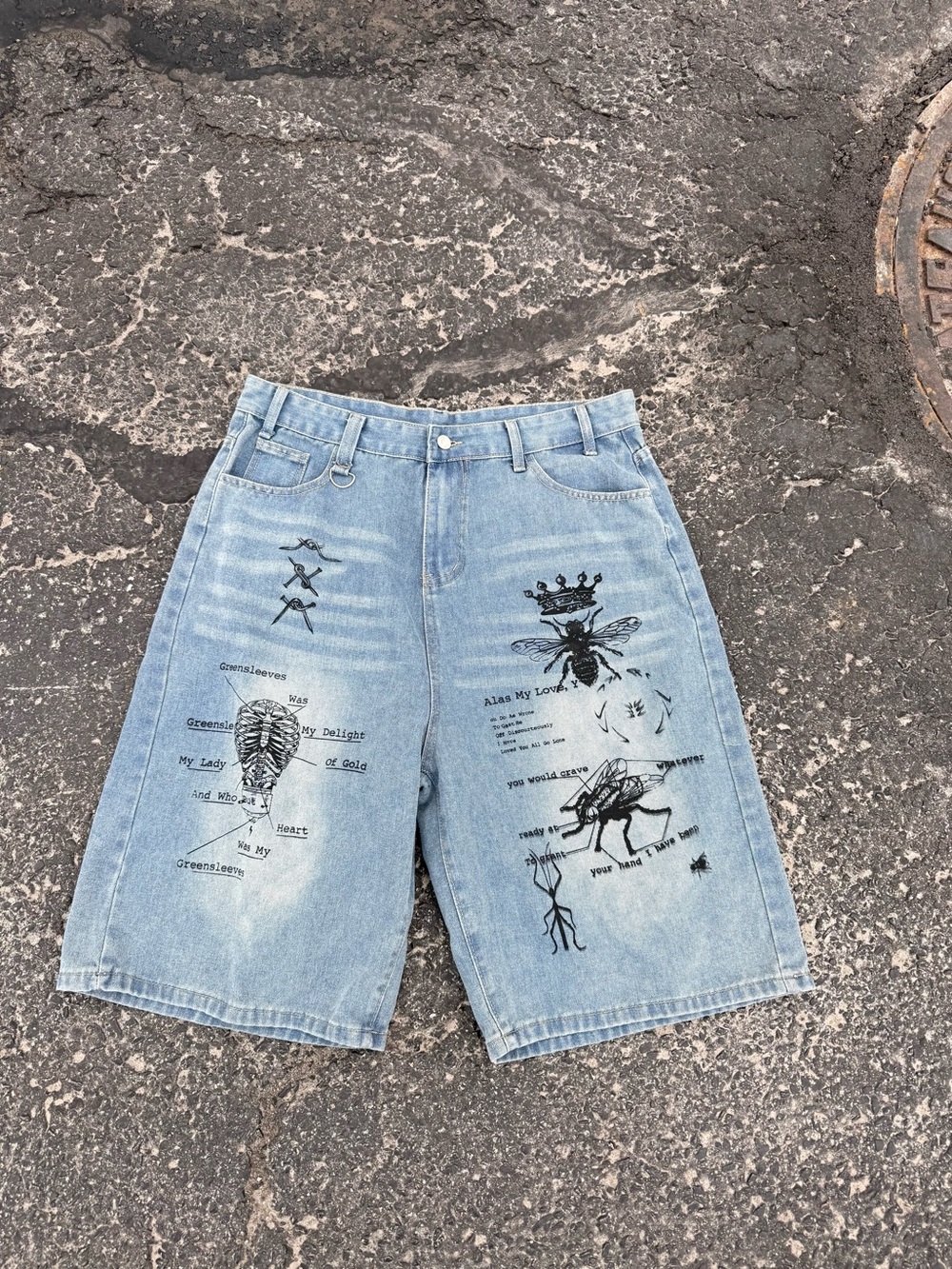 Light Wash Graphic Denim baggy  Shorts with Black Print